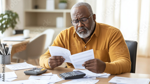 Distressed man at desk surrounded by scattered papers and calculator, looking overwhelmed in office setting with copy space for text.
