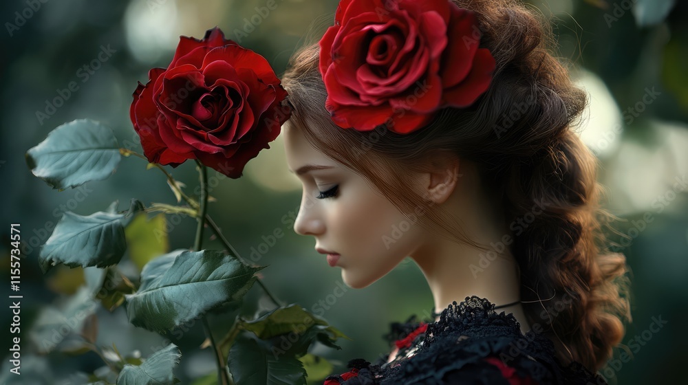 Fototapeta premium Graceful woman with roses in her hair surrounded by nature symbolizing beauty and elegance in a serene setting.