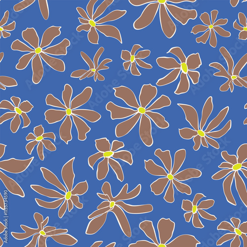 Hand drawn flower heads seamless repeat pattern on mocha brown background. Vector, botany bloomy aop, all over print.