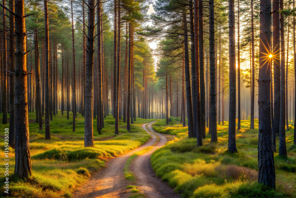 Fototapeta premium Serene Trail Through a Misty Pine Forest at Dawn