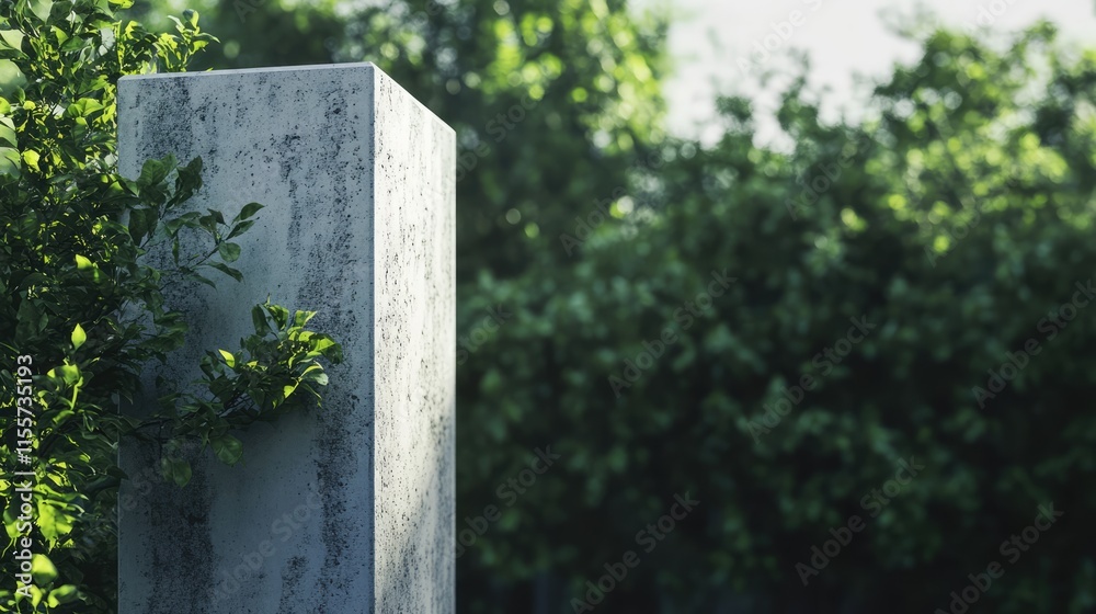 Naklejka premium Concrete column construction detail surrounded by lush greenery indicating future home development and natural integration.