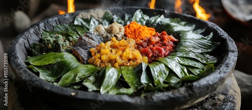 Traditional Patarashca Meal with Bijao Leaves Cooked Over Coals Featuring a Variety of Ingredients Ready for Serving photo