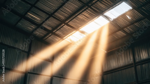 Sunlight streaming through the roof of a deserted warehouse illuminating dust particles in a forgotten industrial space