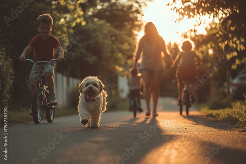 Couple enjoys a walk with their dog while children ride bikes during a golden hour evening stroll in a quiet neighborhood