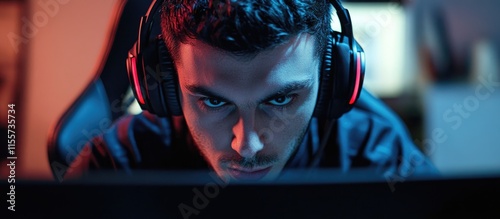 Focused male gamer intensely playing video games on a personal computer with headphones in a modern gaming environment. photo