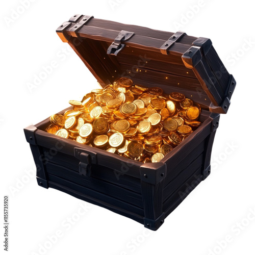 Black treasure chest filled with shiny gold coins on a white transparent PNG background. photo