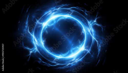 Abstract blue lightning circle on black backdrop. Magic round shape.