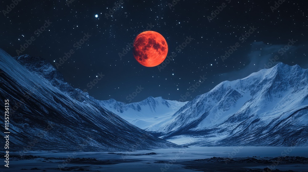 Obraz premium Stunning polar landscape featuring a vivid red supermoon illuminating snow-capped mountains under a starry night sky