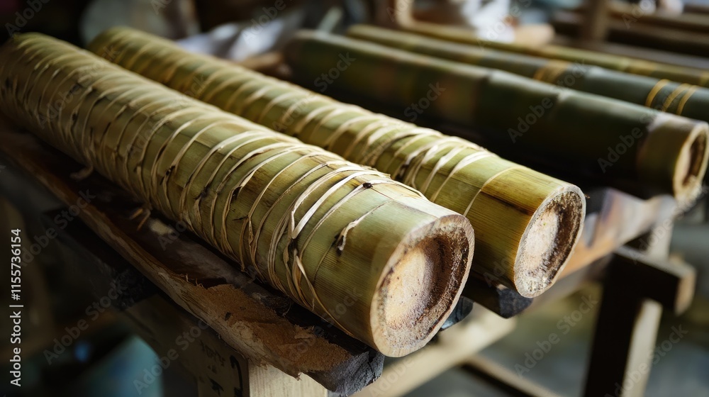 Bamboo Stalks Prepared for Weaving Craft with Natural Fiber Binding in Artisan Workshop Bamboo Stalks Prepared for Weaving Craft with Natural Fiber Binding in Artisan Workshop