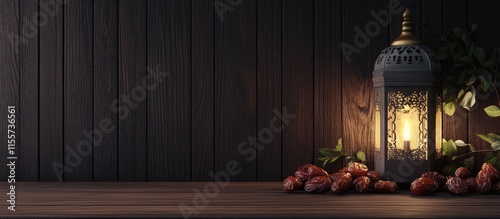 Muslim feast decor with glowing lantern and dried dates on wooden table inviting text space for Ramadan celebration themes photo