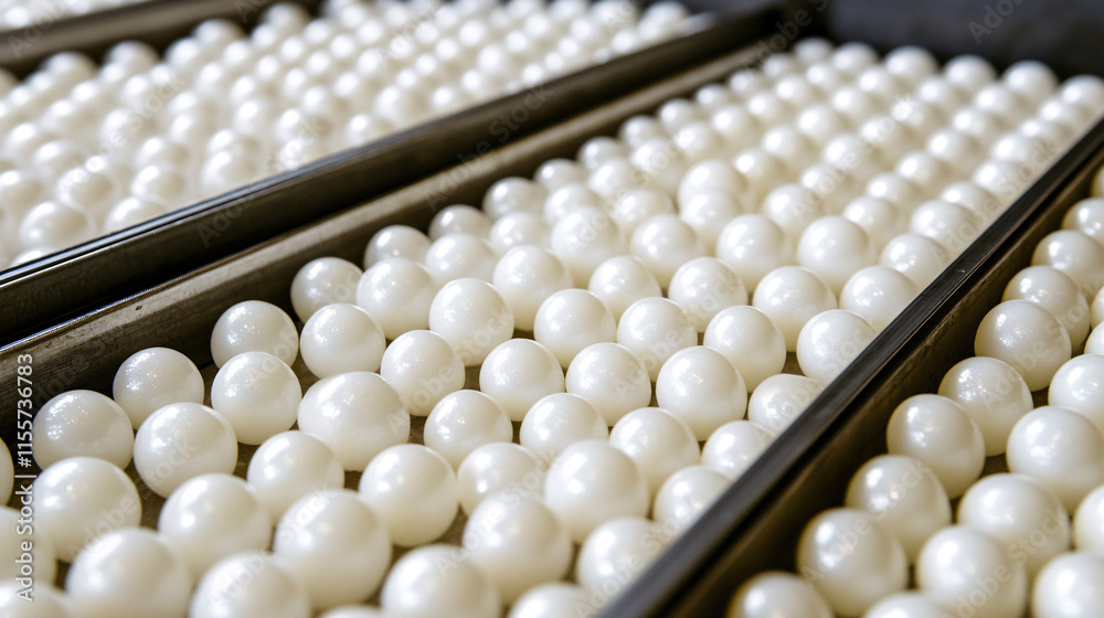 A close-up view of rows of shiny white pearls arranged neatly in trays, showcasing their lustrous surfaces and uniform shape. A close-up view of rows of shiny white pearls arranged neatly in trays, showcasing their lustrous surfaces and uniform shape.