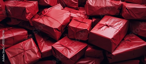 Red wrapped gift boxes stacked together creating a festive holiday background full of anticipation and celebration joyfulness photo