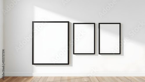 Picture frame mockup. Set of four vertical black frames on white wall. Templates for artwork  painting or poster  masterpiece. isolated with white shades