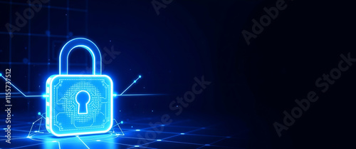 Digital Padlock icon Cyber security technology , Line and Triangle with a Network of Points ,Padlock icon Cyber security technology , Lines, Triangles, copy space
