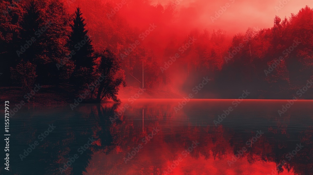 Obraz premium Misty red lake landscape with reflections and dense forest creating an eerie atmospheric scene of nature's vibrant colors and tranquility