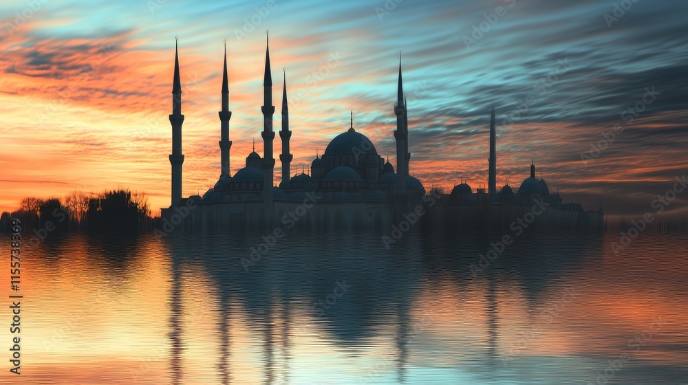 Fototapeta premium Serene sunrise reflection of a mosque with soft focus capturing the motion of sky and water in a tranquil long exposure setting