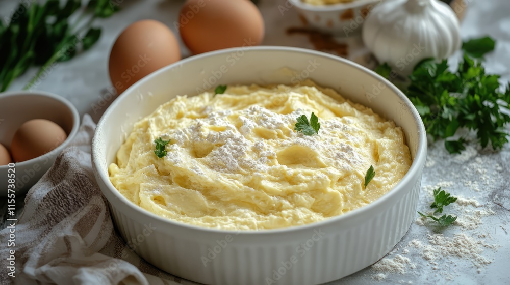 Culinary preparation of creamy mashed potatoes garnished with herbs and ingredients ready for a delicious side dish Culinary preparation of creamy mashed potatoes garnished with herbs and ingredients ready for a delicious side dish