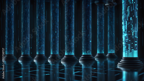 Digital pillars filled with flowing blue data streams and holographic binary code