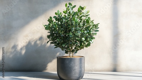 Syzygium smithii lush green outdoor plant in modern pot against minimalistic background with soft light and shadows photo