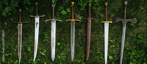 Medieval swords and sabers displayed on grass showcasing historical weaponry and craftsmanship from the medieval period. photo