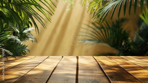 Wooden table background with natural greenery for product display or decoration showcasing sunlight and vibrant tropical plants.