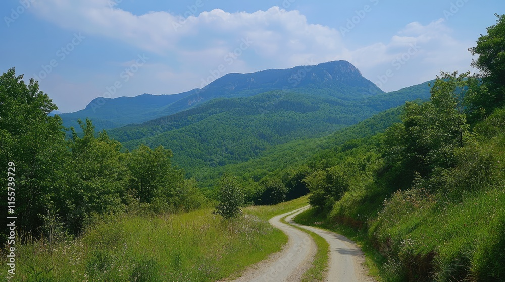 Fototapeta premium Winding mountain road surrounded by lush greenery on a sunny summer day with blue skies and distant peaks.