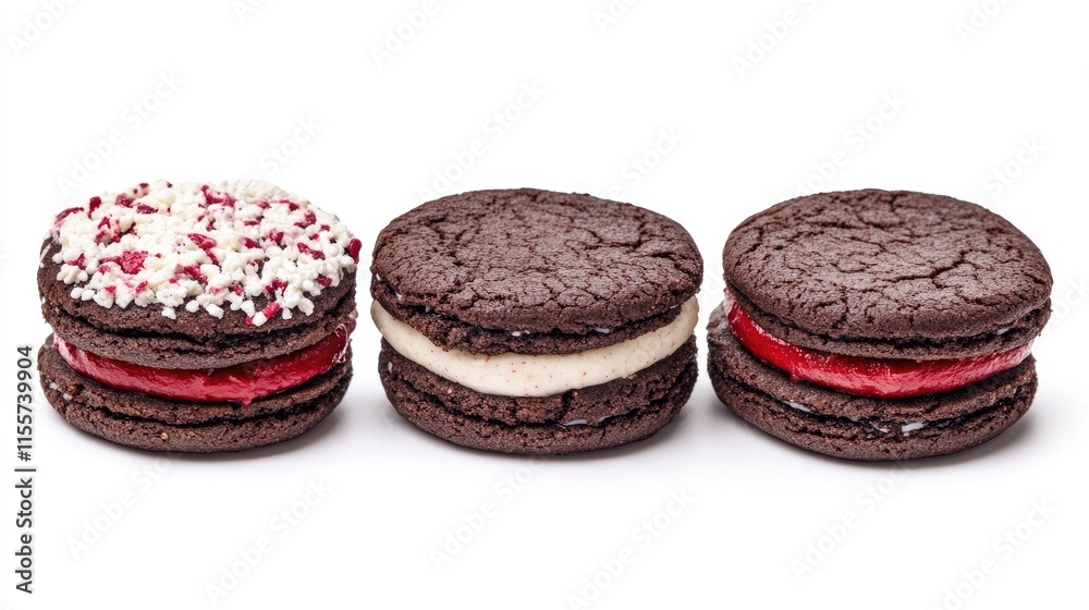 Chocolate sandwich cookies with cream filling and festive toppings on a white background Chocolate sandwich cookies with cream filling and festive toppings on a white background