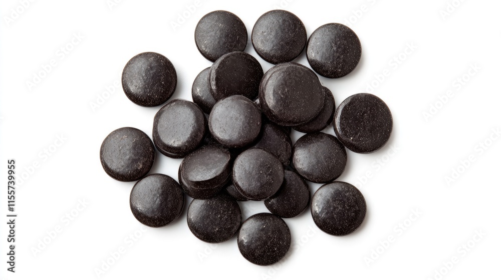 Black tablets arranged neatly on a white background showcasing pharmaceutical products for health and wellness marketing purposes. Black tablets arranged neatly on a white background showcasing pharmaceutical products for health and wellness marketing purposes.