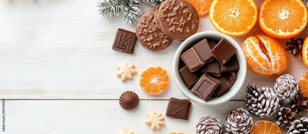 Holiday treat arrangement with chocolates tangerines cookies and pinecones on white wooden background for festive celebrations