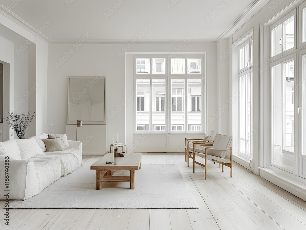 Fototapeta premium Bright and Airy Minimalist Living Room with White Sofa, Natural Wood Furniture, Large Windows, and Neutral Decor in Modern Interior Design Style