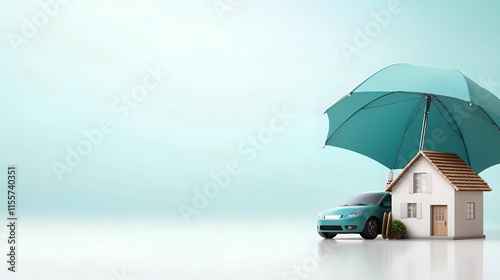 A house and car under a protective umbrella, symbolizing insurance.