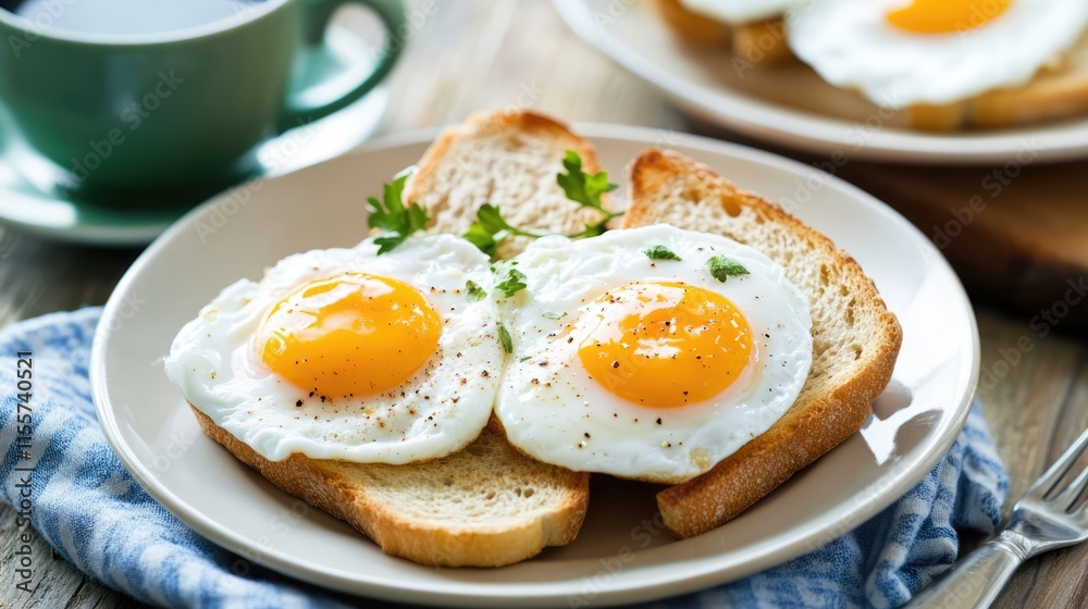 Breakfast table setting featuring poached eggs on toast with coffee in a cozy and inviting atmosphere Breakfast table setting featuring poached eggs on toast with coffee in a cozy and inviting atmosphere