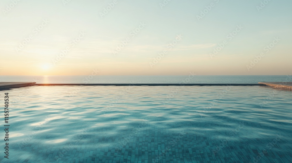 Fototapeta premium Serene morning view of an infinity swimming pool overlooking the tranquil sea at sunrise with clear blue skies and gentle waves.