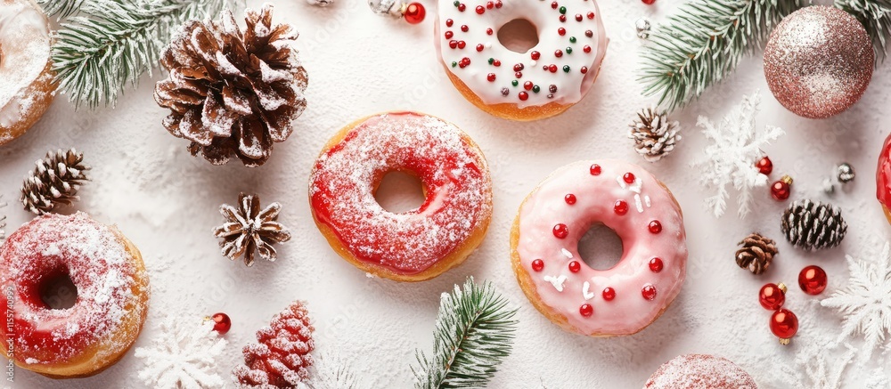 Obraz premium Festively decorated donuts surrounded by holiday ornaments and pinecones for a cheerful seasonal celebration
