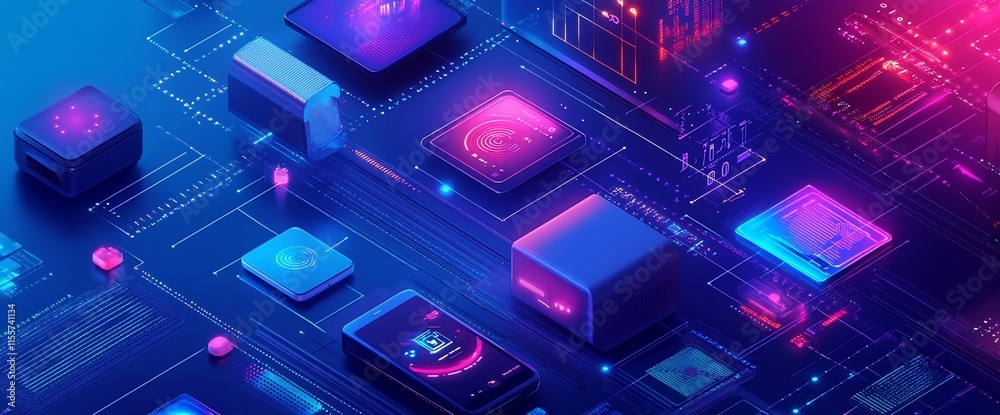 Abstract digital landscape featuring processors and circuits in vibrant colors. Abstract digital landscape featuring processors and circuits in vibrant colors.