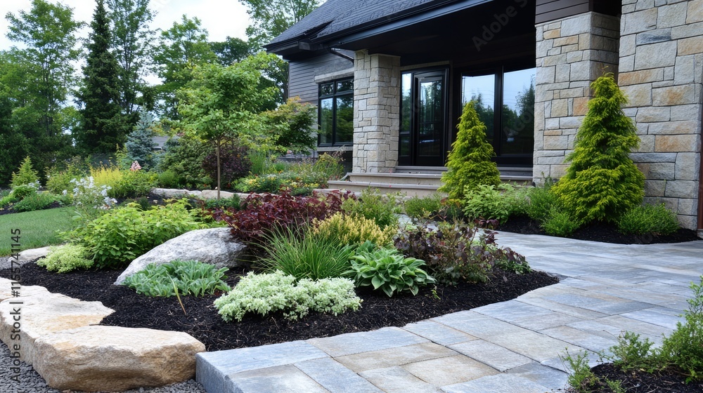 Obraz premium Stone garden design featuring lush plants and greenery around a modern house entrance.