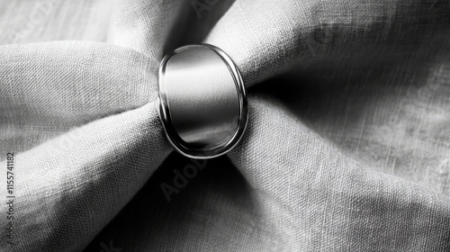 Elegant table setting featuring a beautifully folded linen napkin adorned with a polished silver napkin ring for refined dining experiences. photo