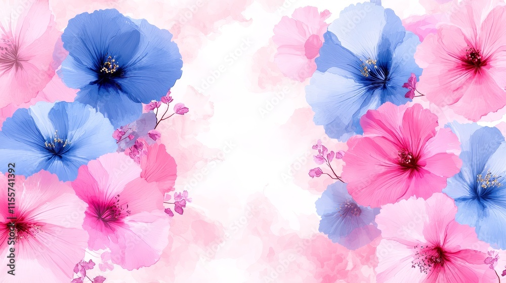 Obraz premium Pretty Pink and Blue Floral Background Soft Blossom Design Wedding Invitation Greeting Card