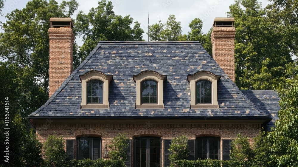Charming house roof featuring elegant windows and lush greenery surrounded by tall trees in a serene neighborhood setting Charming house roof featuring elegant windows and lush greenery surrounded by tall trees in a serene neighborhood setting