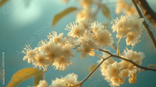 Blooming Tabebuya flowers showcasing delicate petals and lush foliage in a serene, soft-focus background for tranquil nature scenes. photo