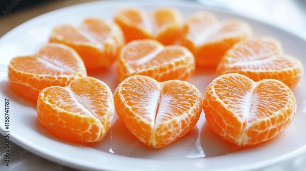 Tangerine slices shaped like hearts arranged on a white plate for a fresh and vibrant presentation. Tangerine slices shaped like hearts arranged on a white plate for a fresh and vibrant presentation.