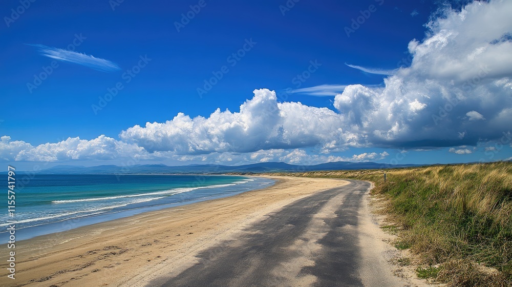 Coastal road beside the tranquil blue sea and sandy beach under a vibrant sky with fluffy clouds inviting serene walks and reflections. Coastal road beside the tranquil blue sea and sandy beach under a vibrant sky with fluffy clouds inviting serene walks and reflections.