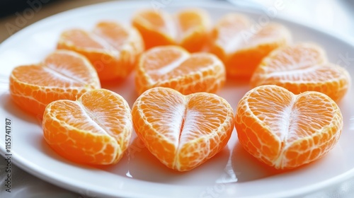 Tangerine slices shaped like hearts arranged on a white plate for a fresh and vibrant presentation. photo