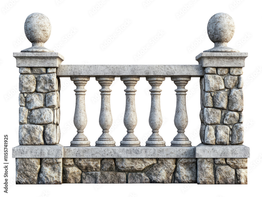 Fototapeta premium Stone Fence With Pillars And Ornaments Front View Isolated