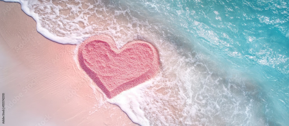 Fototapeta premium Heart shape created in pink sand on a beautiful seashore with turquoise waves gently washing the shoreline and enhancing the romantic atmosphere.