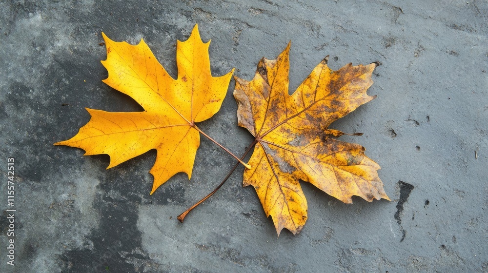 Autumn leaves composition on textured stone background showcasing yellow and grey tones evoking October's seasonal mood and tranquility Autumn leaves composition on textured stone background showcasing yellow and grey tones evoking October's seasonal mood and tranquility
