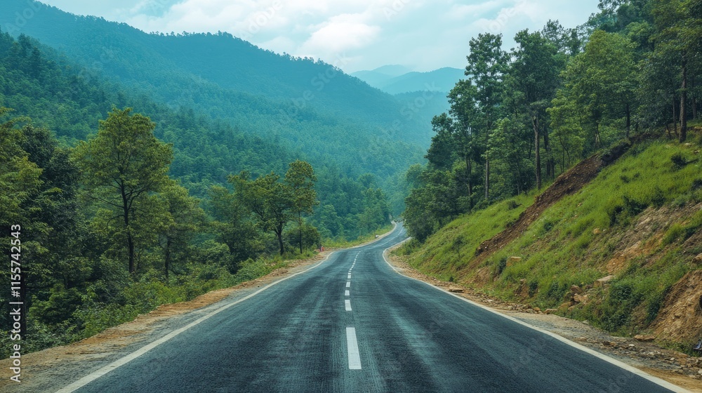 Scenic winding road through lush green mountains ideal for travel and adventure themes Scenic winding road through lush green mountains ideal for travel and adventure themes