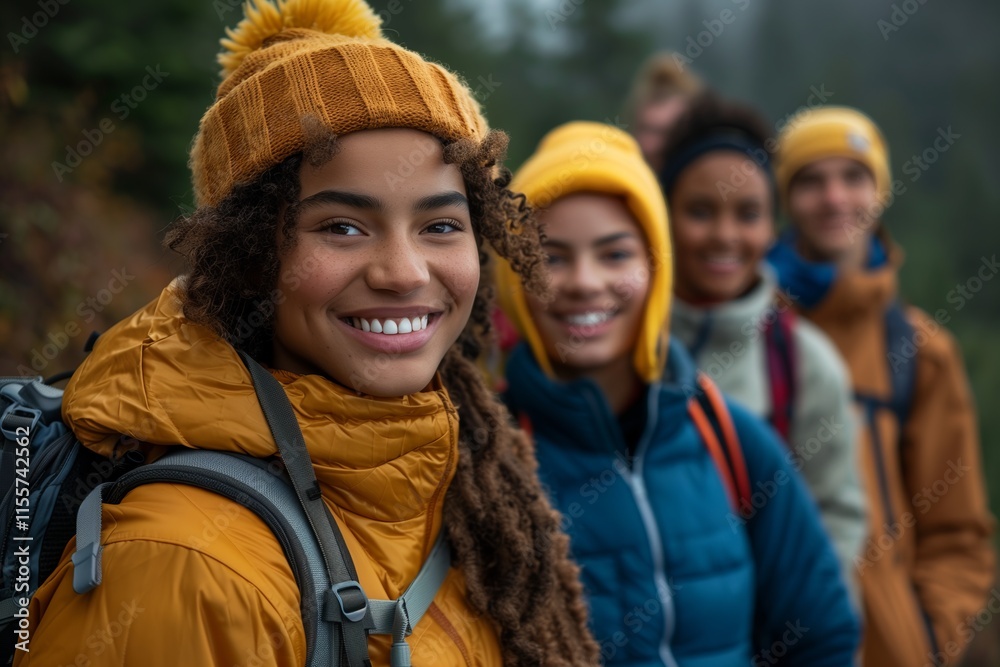 Group of cheerful friends enjoying a hiking trip in the mountains, dressed warmly for outdoor adventures. Group of cheerful friends enjoying a hiking trip in the mountains, dressed warmly for outdoor adventures.