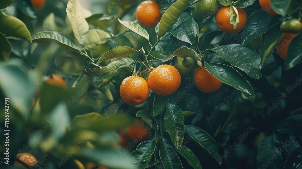 Lush mandarin orchard featuring vibrant citrus fruits amidst green leaves in a natural outdoor setting ideal for food-related themes.