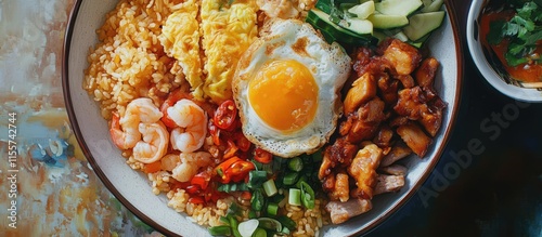 Khao Kluk Kapi Traditional Thai Fried Rice with Shrimp Paste Served with Toppings and Sides Including Omelette and Vegetables